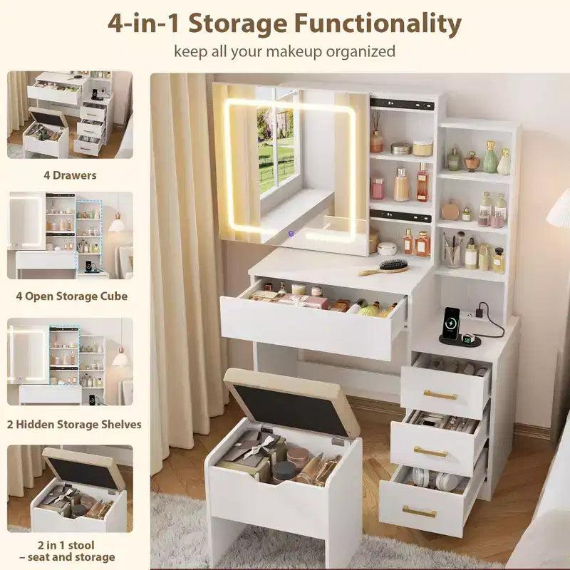 Makeup Vanity Desk Set with LED Lights, Sliding Mirror, Charging Station, 4 Drawers & Shelves