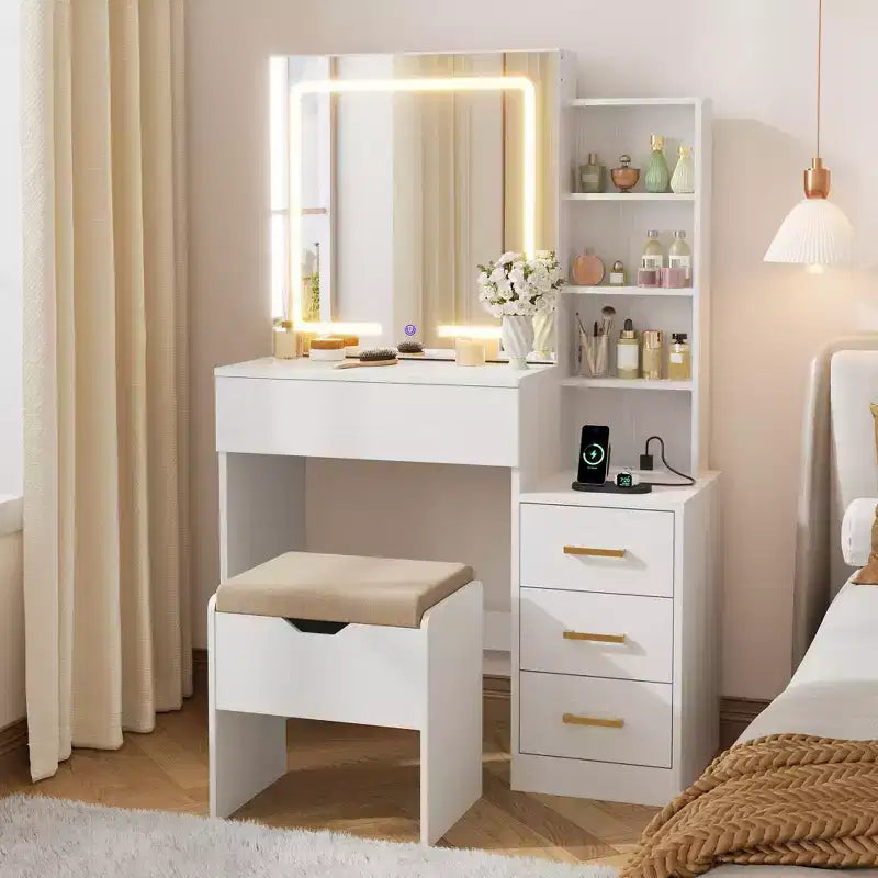 Makeup Vanity Desk Set with LED Lights, Sliding Mirror, Charging Station, 4 Drawers & Shelves