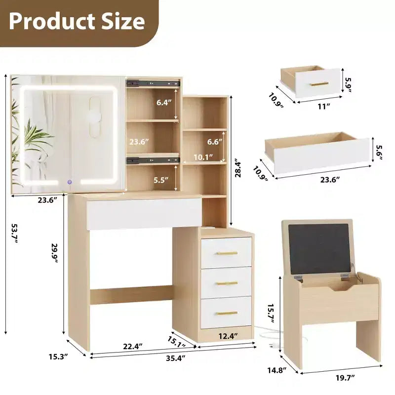 Makeup Vanity Desk Set with LED Lights, Sliding Mirror, Charging Station, 4 Drawers & Shelves