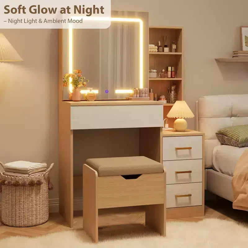 Makeup Vanity Desk Set with LED Lights, Sliding Mirror, Charging Station, 4 Drawers & Shelves