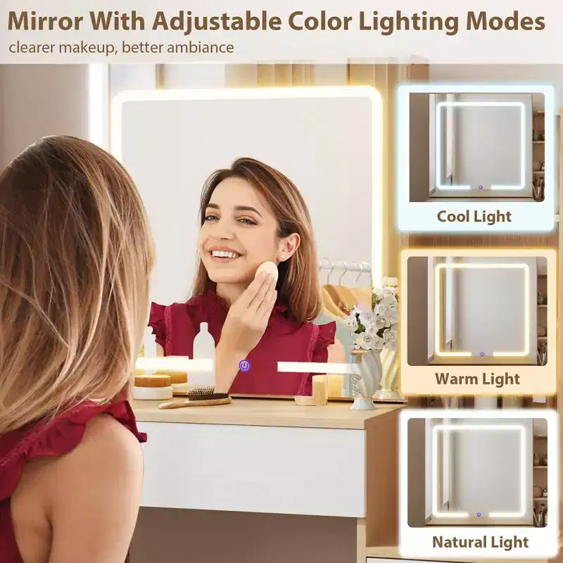 Makeup Vanity Desk Set with LED Lights, Sliding Mirror, Charging Station, 4 Drawers & Shelves