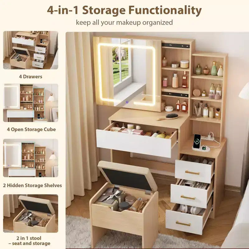 Makeup Vanity Desk Set with LED Lights, Sliding Mirror, Charging Station, 4 Drawers & Shelves