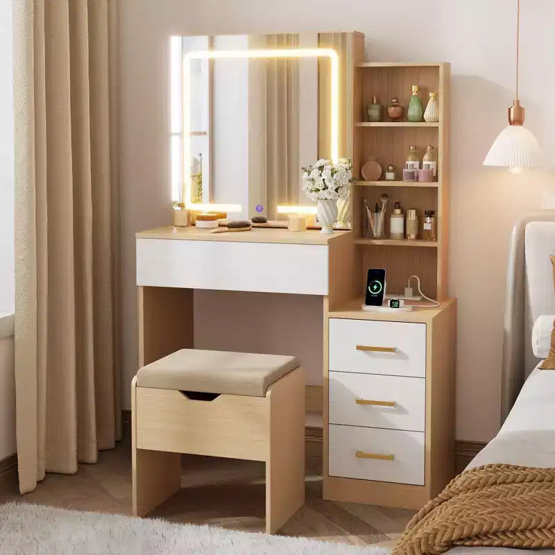 Makeup Vanity Desk Set with LED Lights, Sliding Mirror, Charging Station, 4 Drawers & Shelves