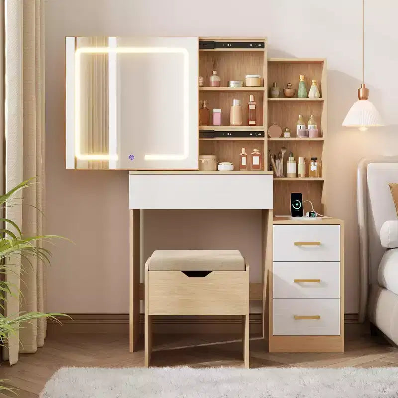 Makeup Vanity Desk Set with LED Lights, Sliding Mirror, Charging Station, 4 Drawers & Shelves