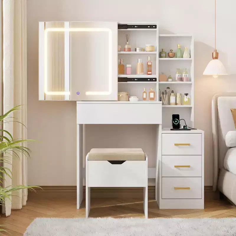 Makeup Vanity Desk Set with LED Lights, Sliding Mirror, Charging Station, 4 Drawers & Shelves