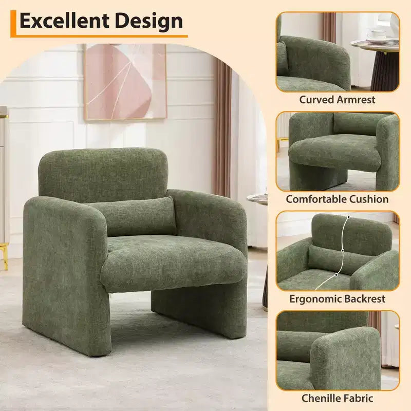 Single armchair, chenille fabric lounge chair, modern curved backrest, suitable for living room, bedroom, study, office.