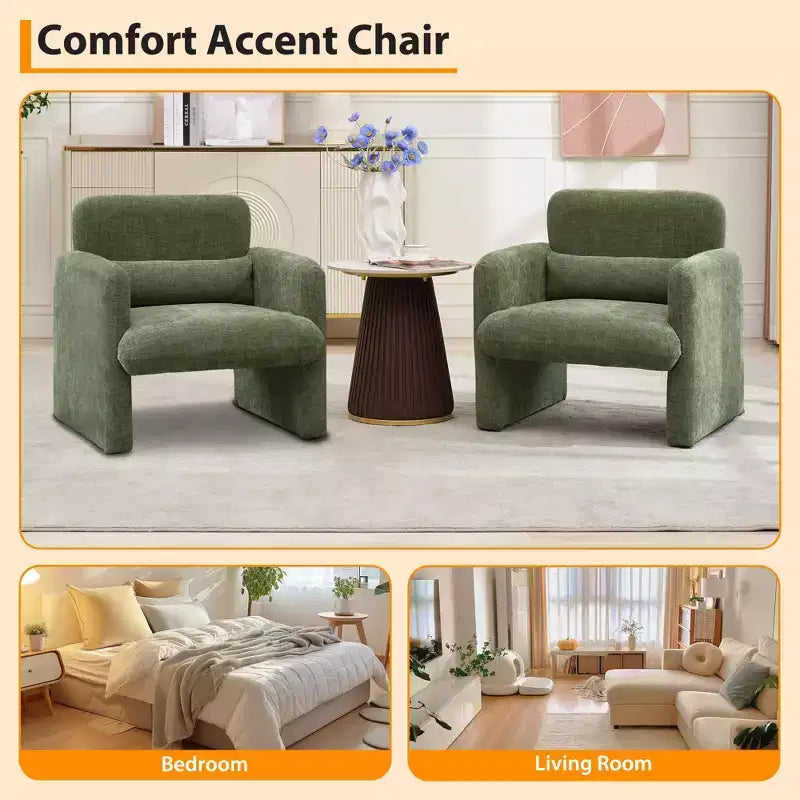 Single armchair, chenille fabric lounge chair, modern curved backrest, suitable for living room, bedroom, study, office.