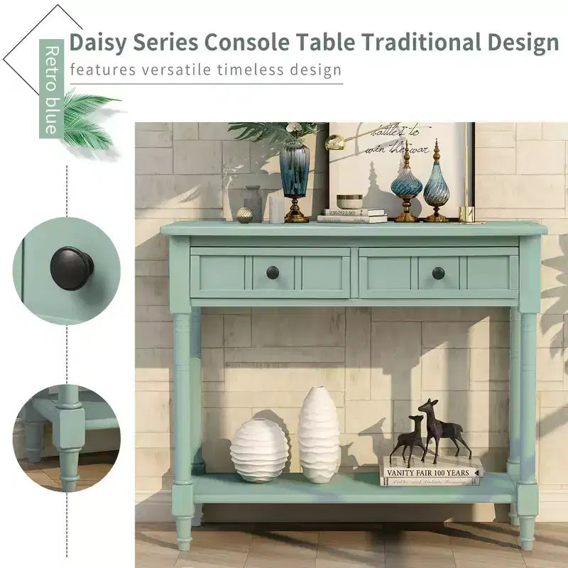 35.34in Vintage Console Table, Traditional Sofa Table with 2 Drawers and Shelf for Entryway or Living Room