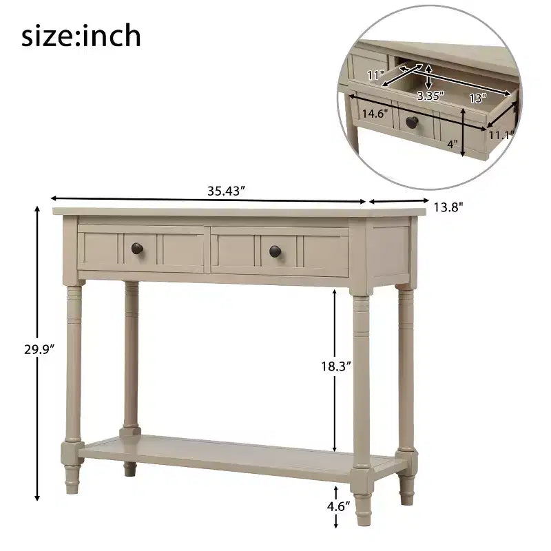 35.34in Vintage Console Table, Traditional Sofa Table with 2 Drawers and Shelf for Entryway or Living Room