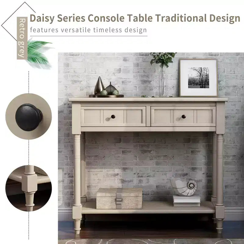 35.34in Vintage Console Table, Traditional Sofa Table with 2 Drawers and Shelf for Entryway or Living Room