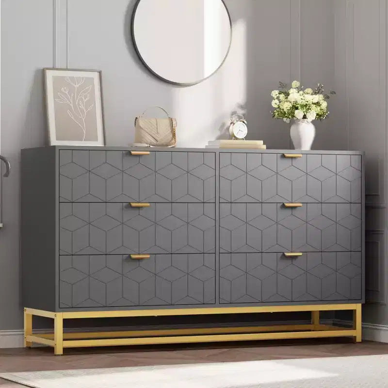 Modern 6-Drawer Dresser with Gold Accents - 53.5 Wide Large Storage Chest for Bedroom, Living Room TV Stand, Hallway & Entryway