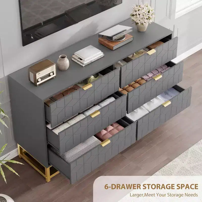 Modern 6-Drawer Dresser with Gold Accents - 53.5 Wide Large Storage Chest for Bedroom, Living Room TV Stand, Hallway & Entryway
