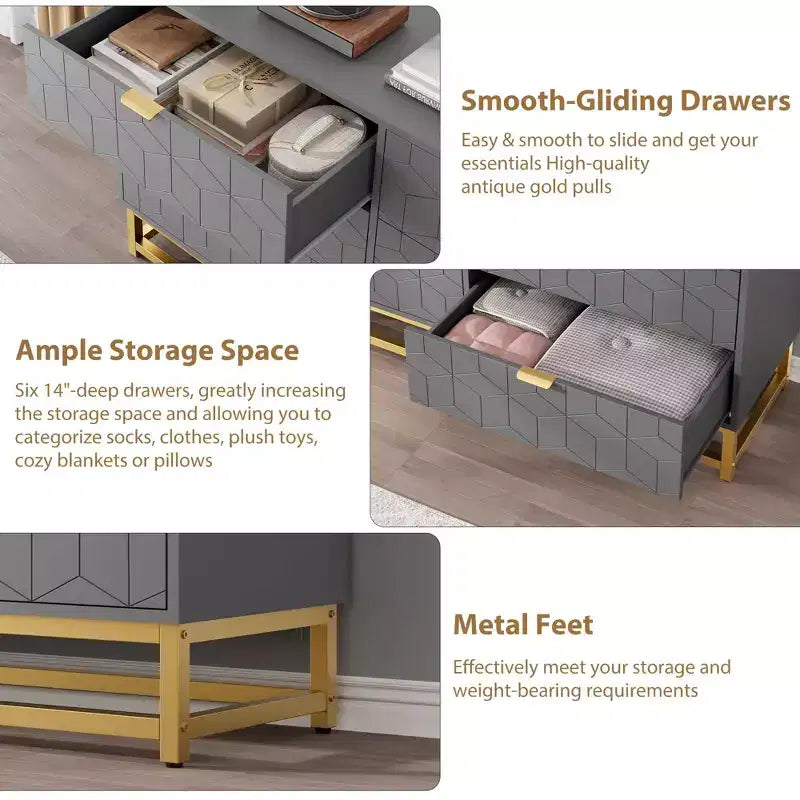 Modern 6-Drawer Dresser with Gold Accents - 53.5 Wide Large Storage Chest for Bedroom, Living Room TV Stand, Hallway & Entryway