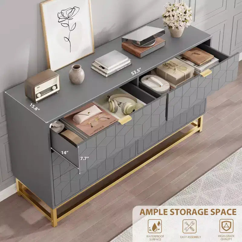 Modern 6-Drawer Dresser with Gold Accents - 53.5 Wide Large Storage Chest for Bedroom, Living Room TV Stand, Hallway & Entryway