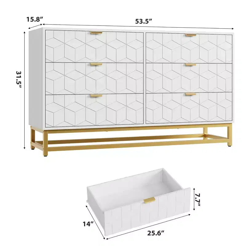 Modern 6-Drawer Dresser with Gold Accents - 53.5 Wide Large Storage Chest for Bedroom, Living Room TV Stand, Hallway & Entryway