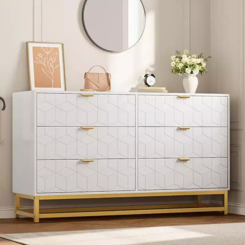 Modern 6-Drawer Dresser with Gold Accents - 53.5 Wide Large Storage Chest for Bedroom, Living Room TV Stand, Hallway & Entryway