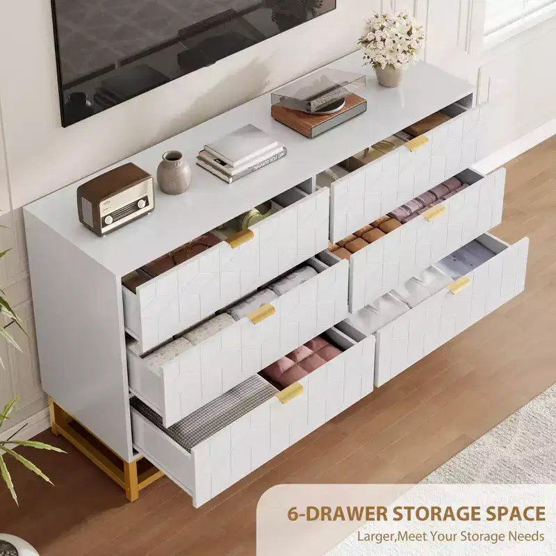 Modern 6-Drawer Dresser with Gold Accents - 53.5 Wide Large Storage Chest for Bedroom, Living Room TV Stand, Hallway & Entryway