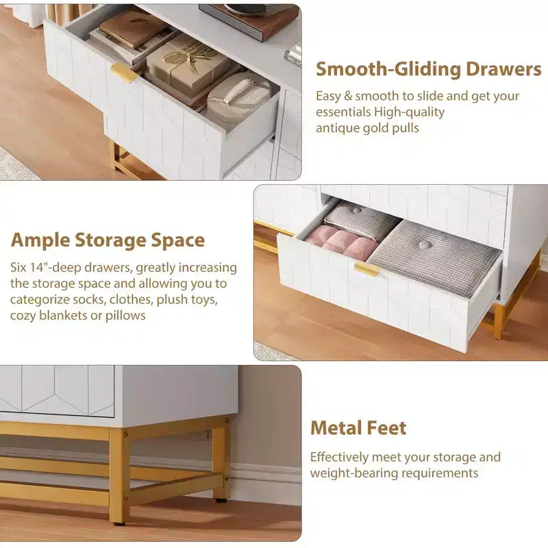 Modern 6-Drawer Dresser with Gold Accents - 53.5 Wide Large Storage Chest for Bedroom, Living Room TV Stand, Hallway & Entryway