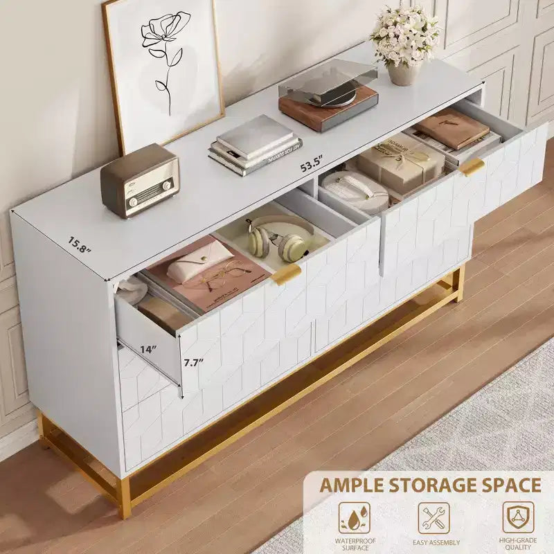Modern 6-Drawer Dresser with Gold Accents - 53.5 Wide Large Storage Chest for Bedroom, Living Room TV Stand, Hallway & Entryway