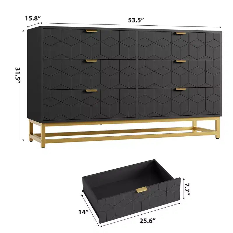 Modern 6-Drawer Dresser with Gold Accents - 53.5 Wide Large Storage Chest for Bedroom, Living Room TV Stand, Hallway & Entryway