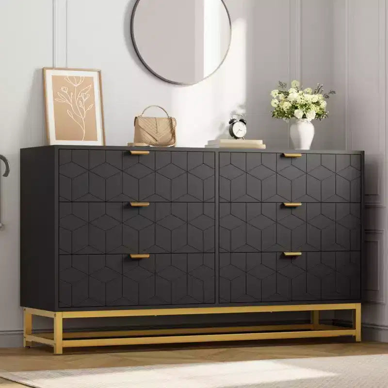 Modern 6-Drawer Dresser with Gold Accents - 53.5 Wide Large Storage Chest for Bedroom, Living Room TV Stand, Hallway & Entryway