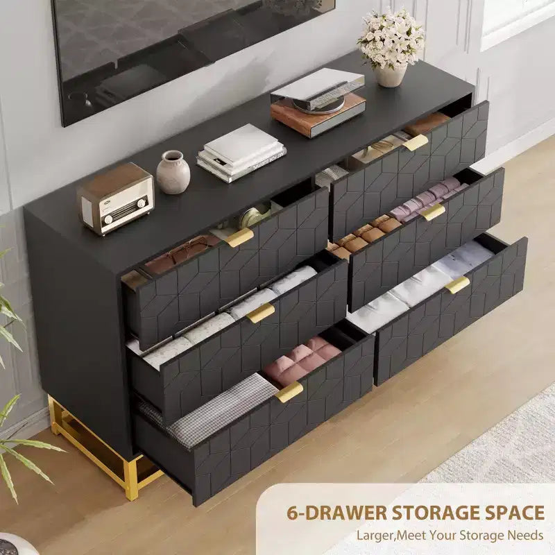 Modern 6-Drawer Dresser with Gold Accents - 53.5 Wide Large Storage Chest for Bedroom, Living Room TV Stand, Hallway & Entryway