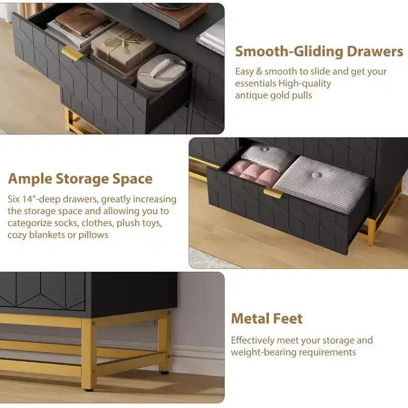 Modern 6-Drawer Dresser with Gold Accents - 53.5 Wide Large Storage Chest for Bedroom, Living Room TV Stand, Hallway & Entryway