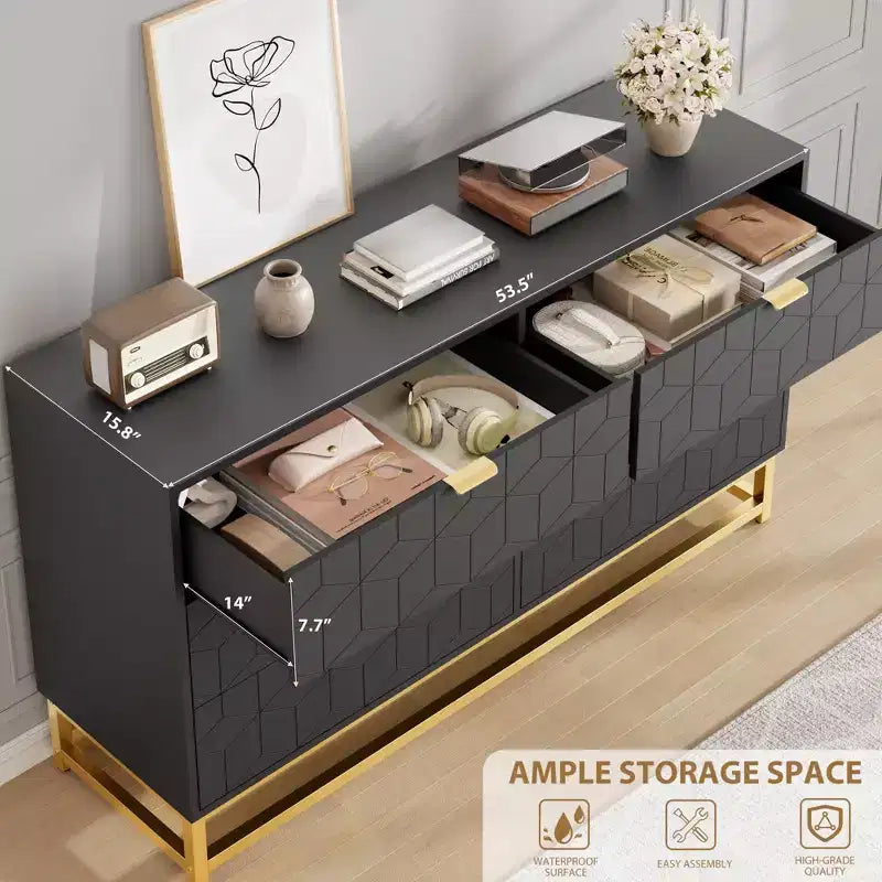 Modern 6-Drawer Dresser with Gold Accents - 53.5 Wide Large Storage Chest for Bedroom, Living Room TV Stand, Hallway & Entryway