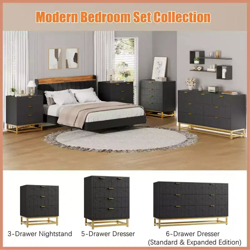 Modern 6-Drawer Dresser with Gold Accents - 53.5 Wide Large Storage Chest for Bedroom, Living Room TV Stand, Hallway & Entryway