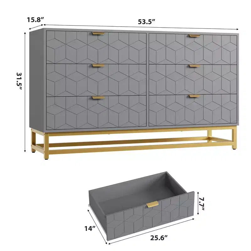 Modern 6-Drawer Dresser with Gold Accents - 53.5 Wide Large Storage Chest for Bedroom, Living Room TV Stand, Hallway & Entryway