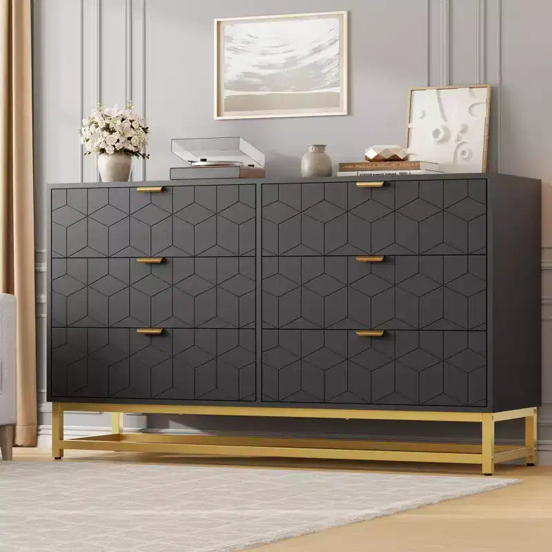 Modern 6-Drawer Dresser with Gold Accents - 53.5 Wide Large Storage Chest for Bedroom, Living Room TV Stand, Hallway & Entryway