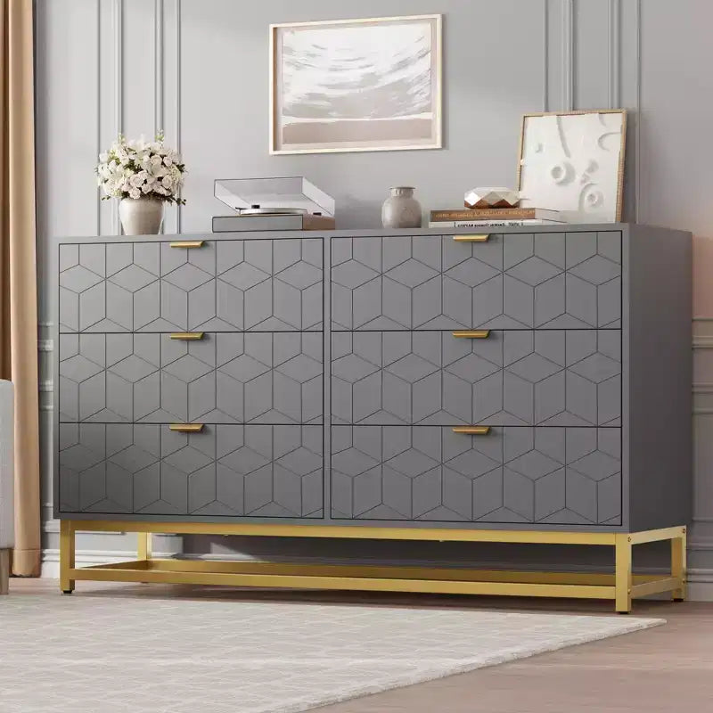 Modern 6-Drawer Dresser with Gold Accents - 53.5 Wide Large Storage Chest for Bedroom, Living Room TV Stand, Hallway & Entryway