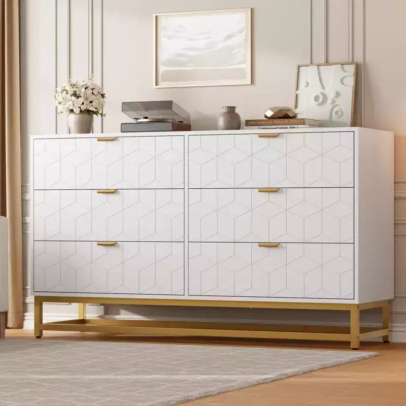 Modern 6-Drawer Dresser with Gold Accents - 53.5 Wide Large Storage Chest for Bedroom, Living Room TV Stand, Hallway & Entryway