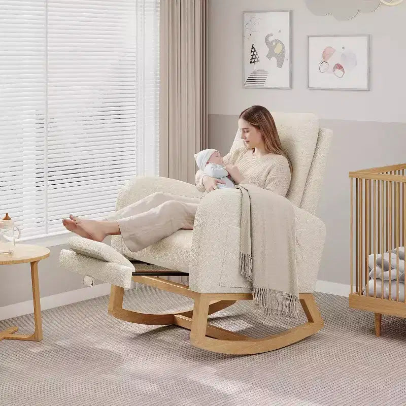 Modern Boucle Rocker Recliner with Side Pocket, Comfortable Glider for Nursery & Living Room, White