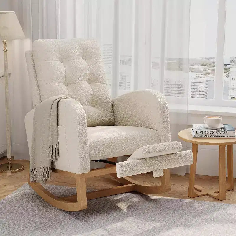 Modern Boucle Rocker Recliner with Side Pocket, Comfortable Glider for Nursery & Living Room, White