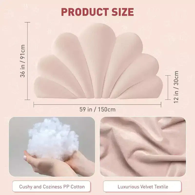 ACOINEL Scalloped Seashell Headboard Cushion Queen, Upholstered Velvet Back Pillow for Bed Daybed, Coastal Bedroom Wall Decor