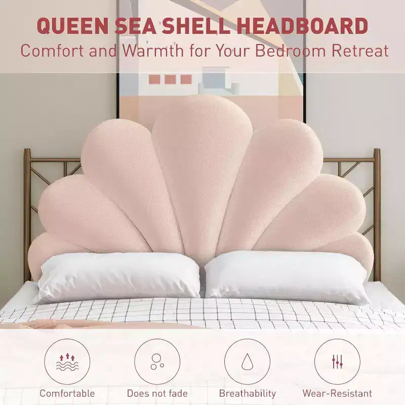 ACOINEL Scalloped Seashell Headboard Cushion Queen, Upholstered Velvet Back Pillow for Bed Daybed, Coastal Bedroom Wall Decor