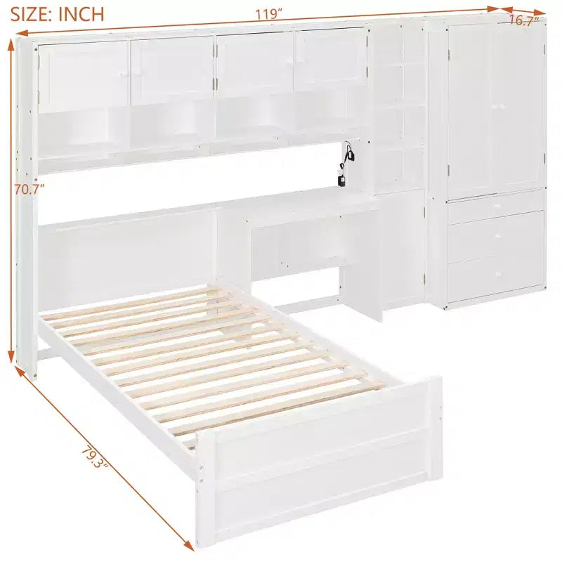 GDFStudio Conway Wooden Platform Bed with Desk, Wardrobe and Shelves