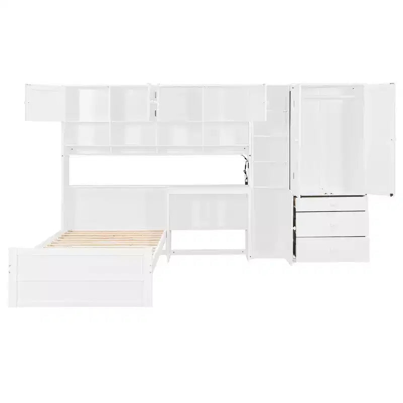 GDFStudio Conway Wooden Platform Bed with Desk, Wardrobe and Shelves