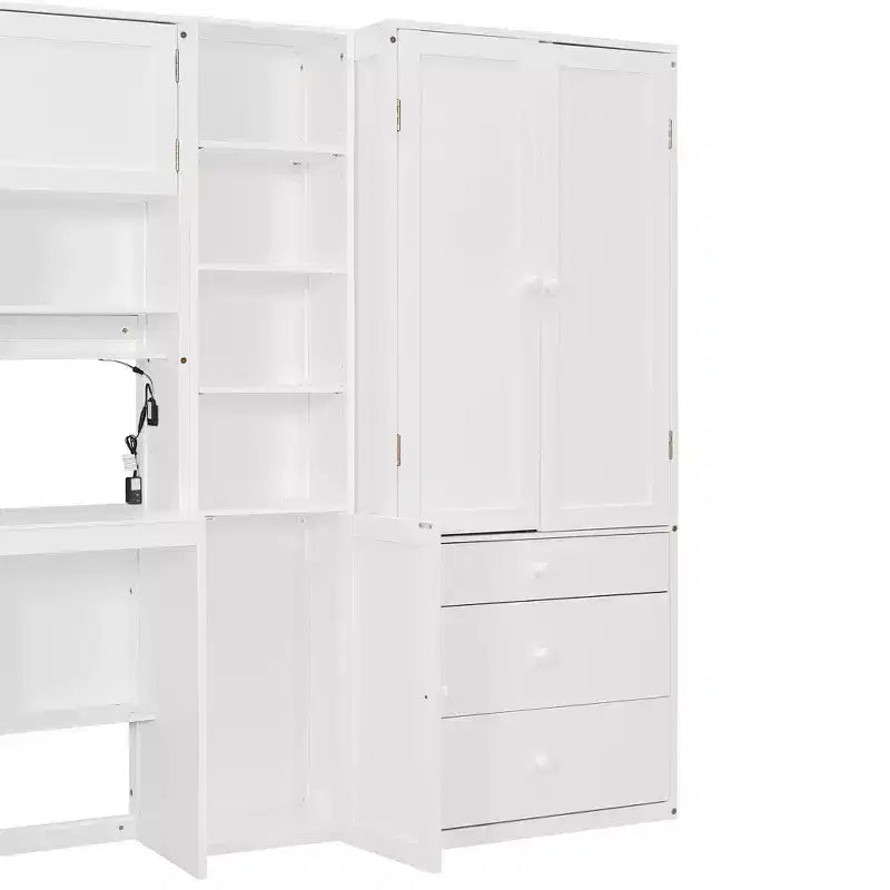 GDFStudio Conway Wooden Platform Bed with Desk, Wardrobe and Shelves