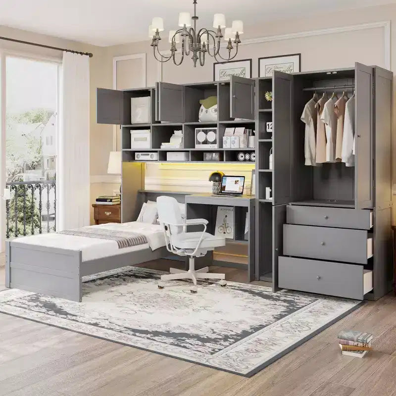 GDFStudio Conway Wooden Platform Bed with Desk, Wardrobe and Shelves