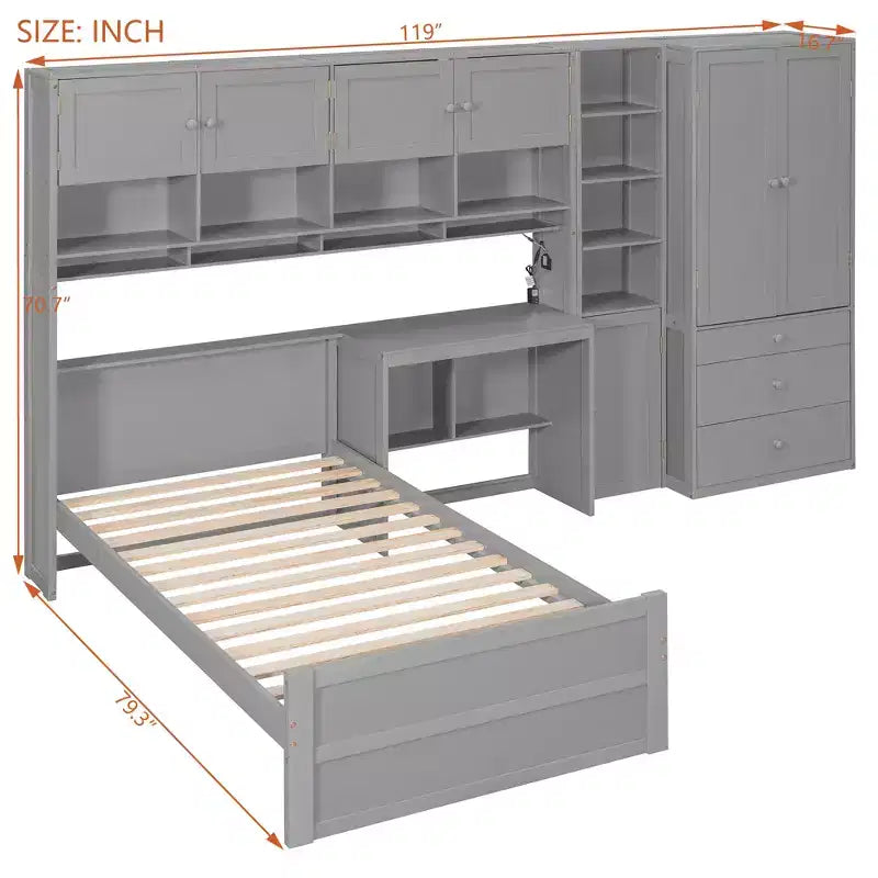 GDFStudio Conway Wooden Platform Bed with Desk, Wardrobe and Shelves