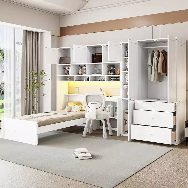 GDFStudio Conway Wooden Platform Bed with Desk, Wardrobe and Shelves