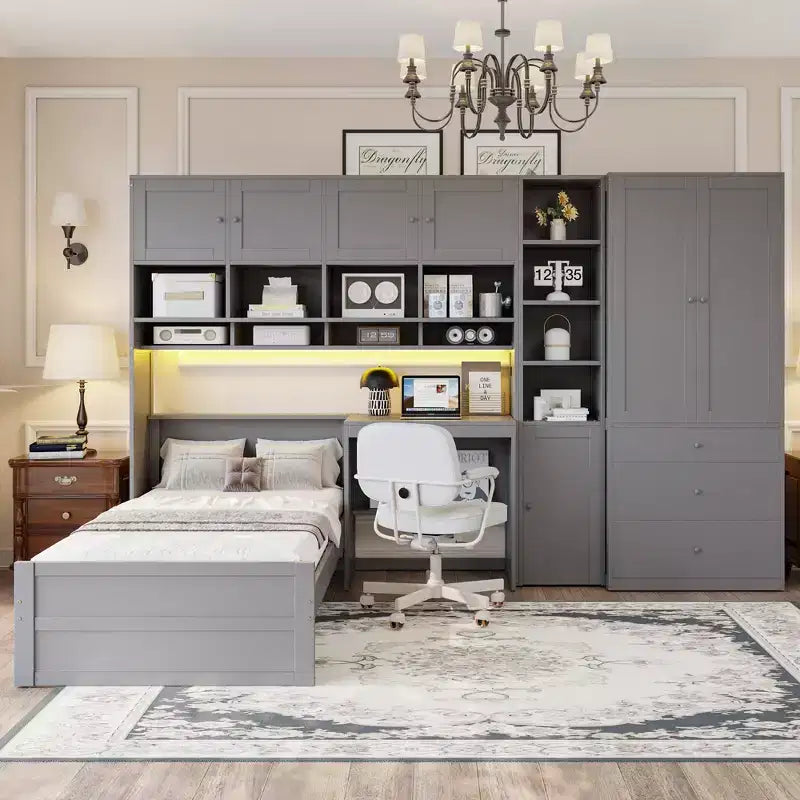 GDFStudio Conway Wooden Platform Bed with Desk, Wardrobe and Shelves