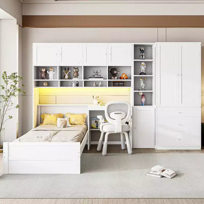 GDFStudio Conway Wooden Platform Bed with Desk, Wardrobe and Shelves