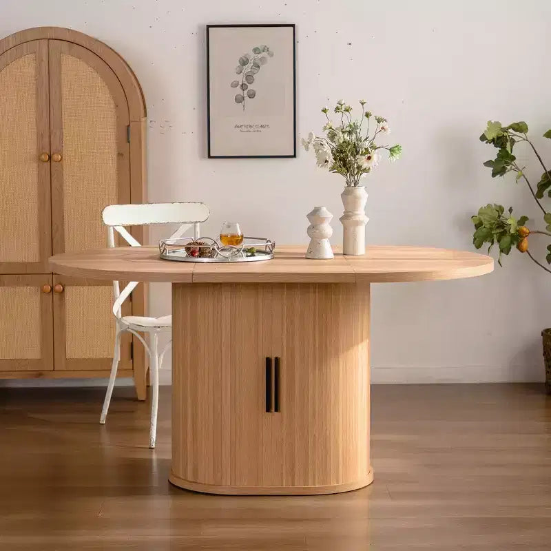 JVNOXK 59-inch Modern Oval Dining Table, Seats 4-6 People, with Double-layer Storage Racks and Wooden Sliding Doors, Ideal for Dining Room, Wood