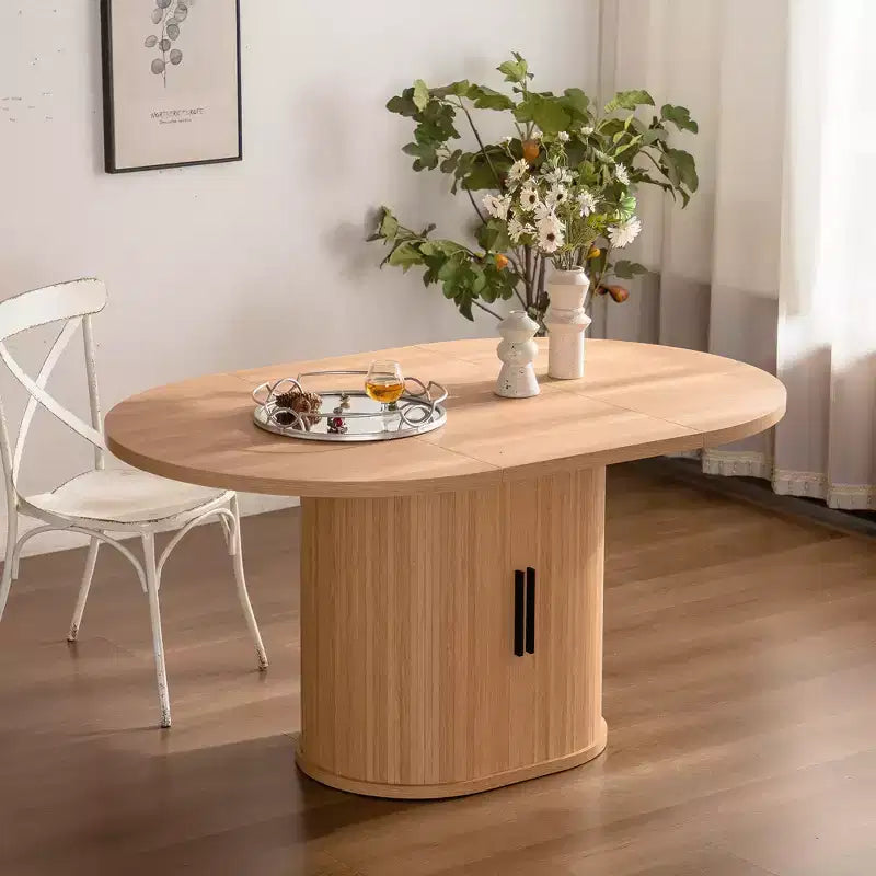 JVNOXK 59-inch Modern Oval Dining Table, Seats 4-6 People, with Double-layer Storage Racks and Wooden Sliding Doors, Ideal for Dining Room, Wood