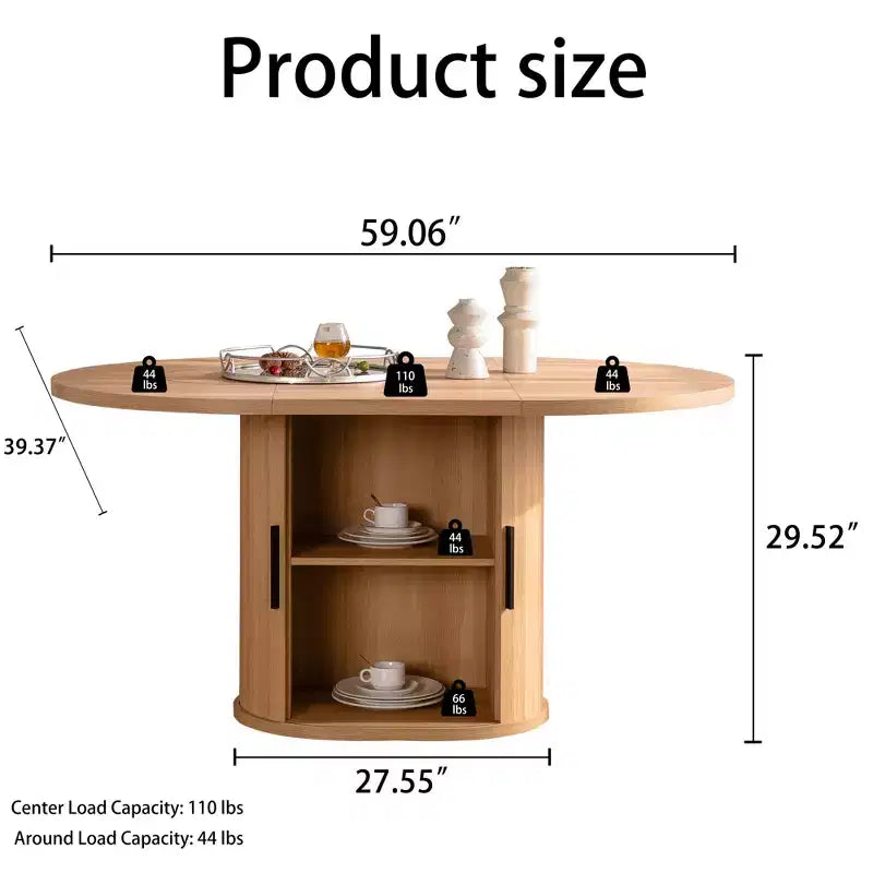 JVNOXK 59-inch Modern Oval Dining Table, Seats 4-6 People, with Double-layer Storage Racks and Wooden Sliding Doors, Ideal for Dining Room, Wood