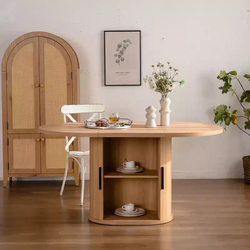 JVNOXK 59-inch Modern Oval Dining Table, Seats 4-6 People, with Double-layer Storage Racks and Wooden Sliding Doors, Ideal for Dining Room, Wood
