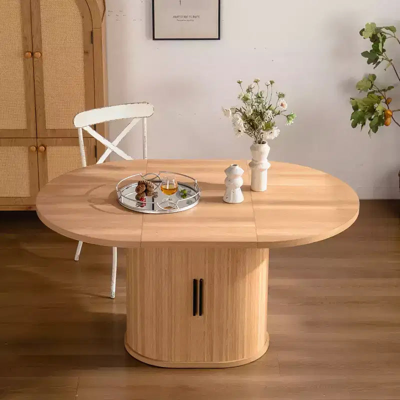 JVNOXK 59-inch Modern Oval Dining Table, Seats 4-6 People, with Double-layer Storage Racks and Wooden Sliding Doors, Ideal for Dining Room, Wood
